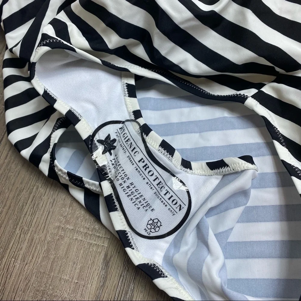 Motherhood Maternity Beach Bump NWT One Piece Swimsuit Black White Stripe Halter